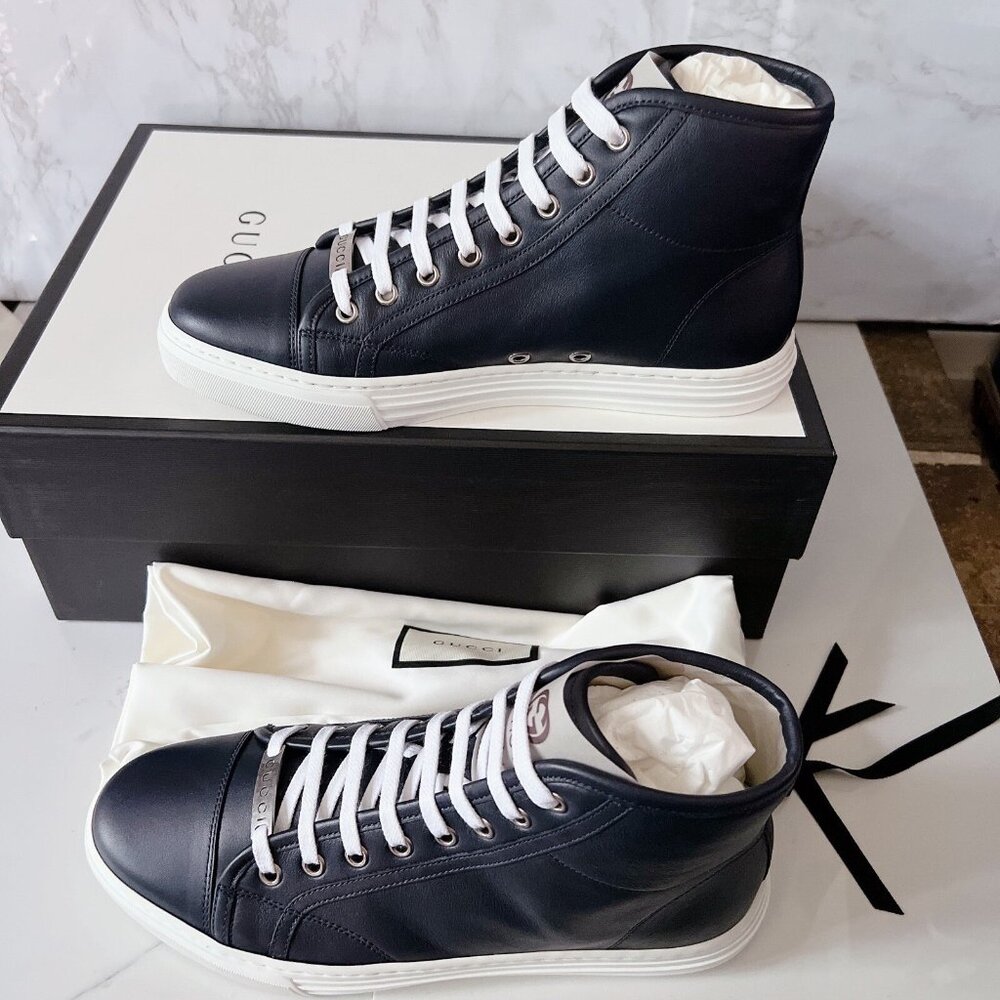 GUCCI Luxus Shoes High Top Sneaker logo Blue Leather Mens UK 8 US 8.5 *Authentic - Picture 6 of 13